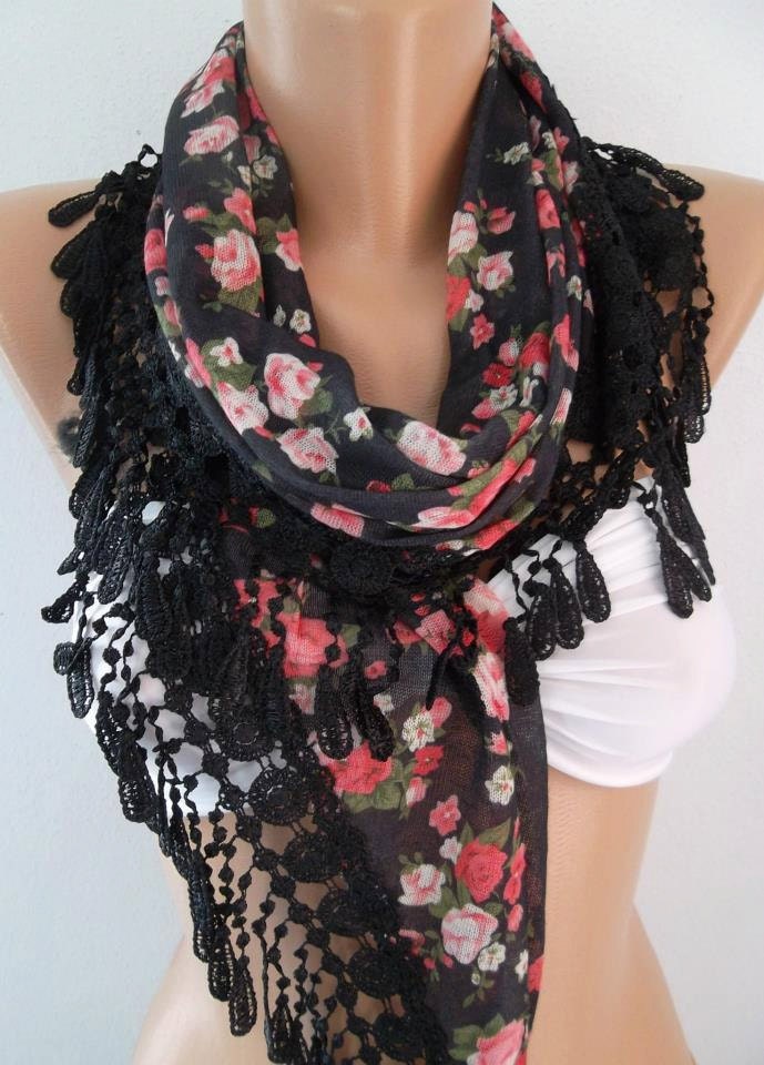 scarf womann Georgeus  Scarf   Elegance  Scarf    Feminine   Black  Pink flowered