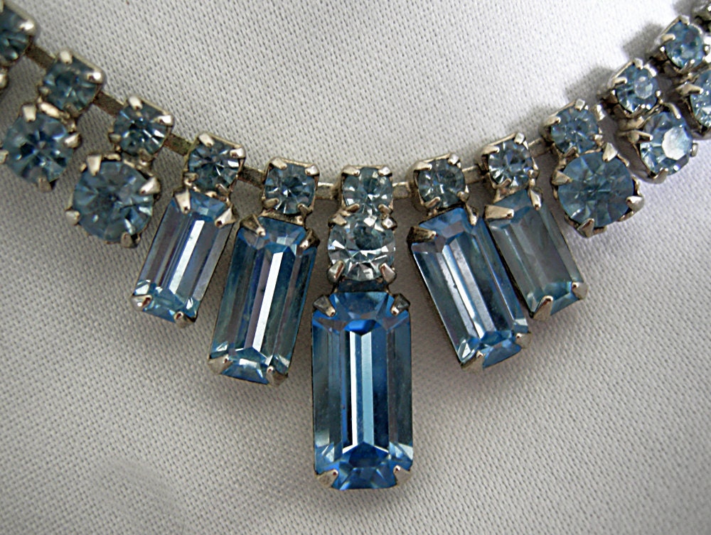 Sky Blue Prong Set Graduated Baguette Rhinestones in Silver Tone Setting Necklace - Unsigned - Vintage