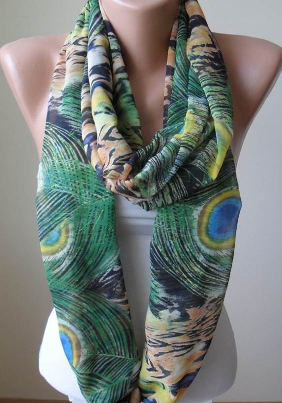Infinity Scarf - Circle Scarf  -  Loop Scarf -  Green Scarf - Chiffon Fabric
