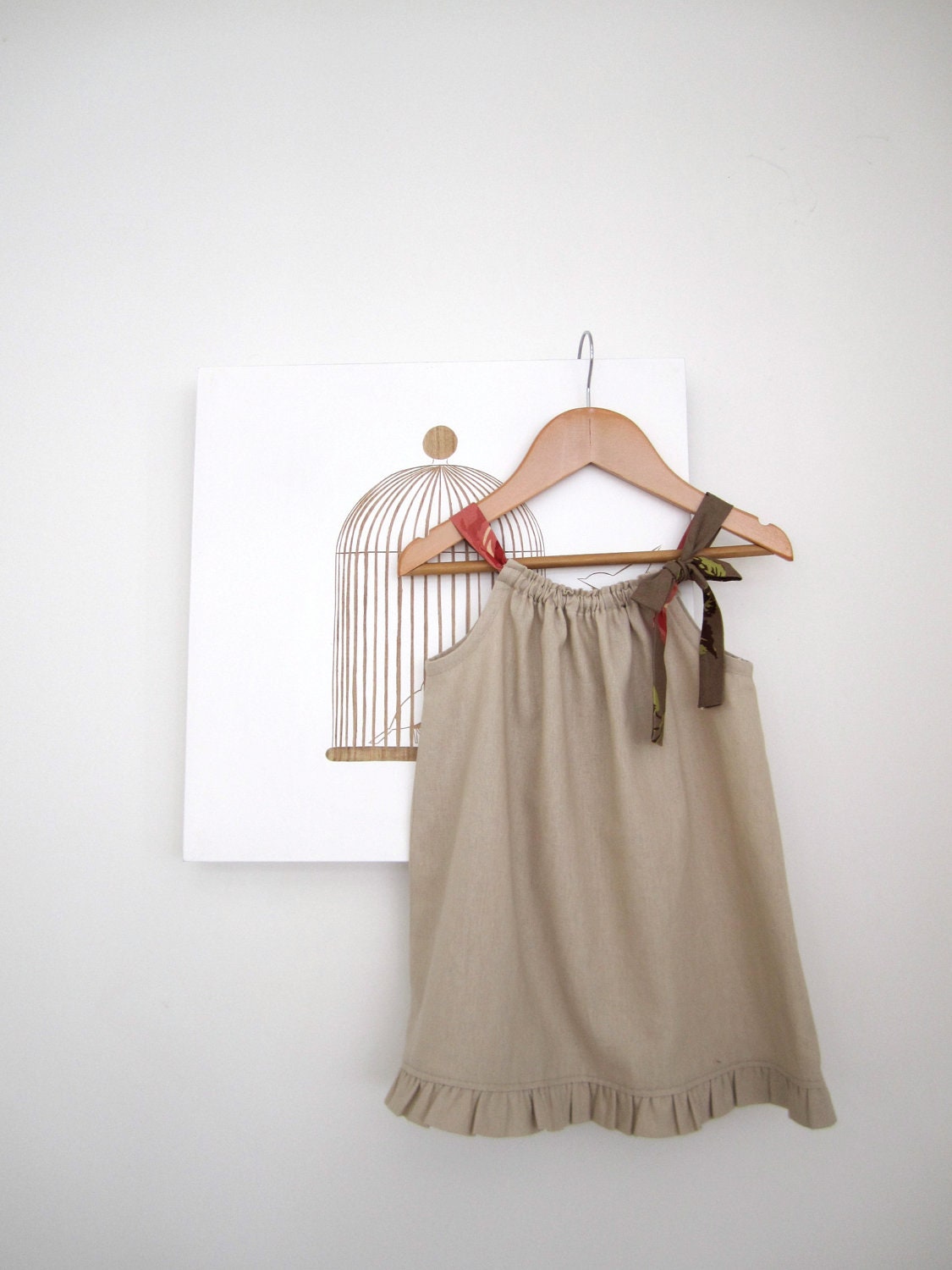 Last One 20% off..Baby Dress-Natural Latte Linen with ruffled edge and chocolate ties-toddler girls- Children Clothing by Chasing Mini - ChasingMini