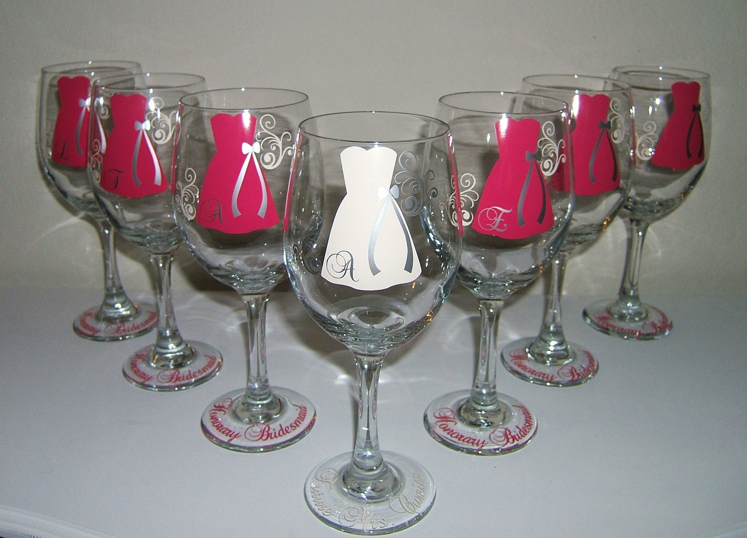 2 Personalized Bride and Bridesmaid Wine Glasses, Wedding Party Glasses