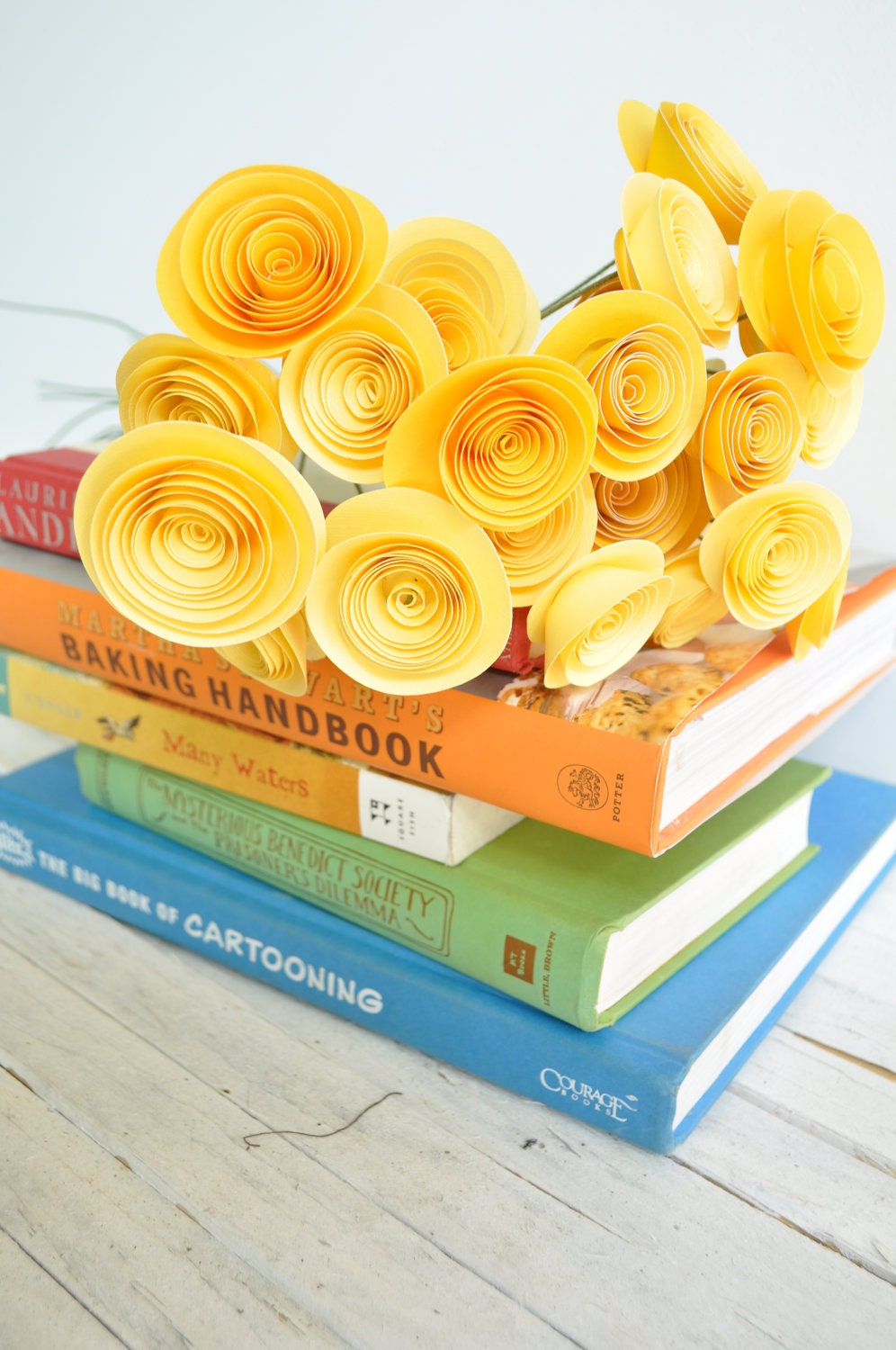 24 Yellow Paper Flowers on Stems- Bouquet of Paper Flowers- Yellow Home Decor