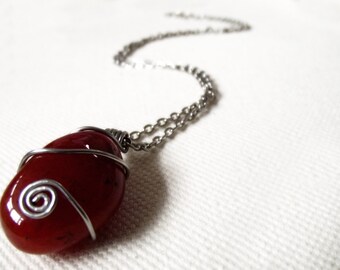 Wire wrapped carnelian pendant necklace red gemstone hand made gift