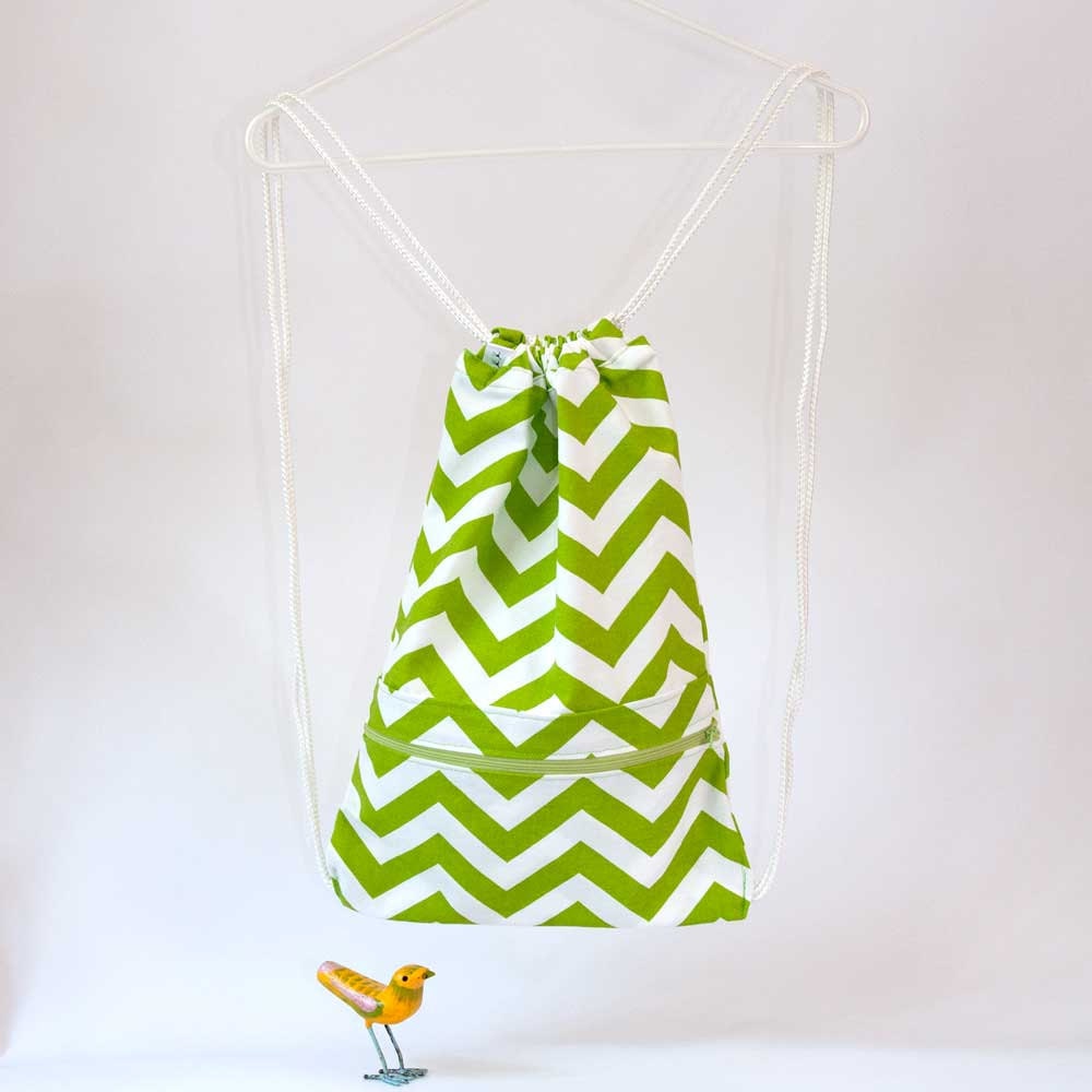 Green Chevron Drawstring Backpack - Gym Bag - Knitting Bag - White