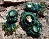 Emerald Green Jewelry Set, Owl Necklace, emboidery jewelry, embroidery earrings, Latvian Artist cabochon, Cat Eye, OOAK, Ready to ship