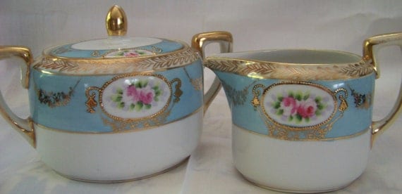 Vintage Rare Hand Painted Nippon Sugar and Creamer Set, Morimura Bros., pre-dates Noritake china, real 24K gold trim