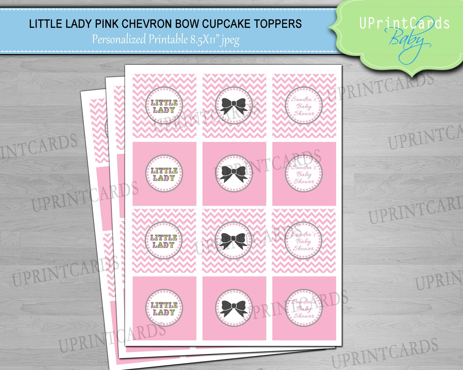 DIY PRINTABLE Little Lady Pink Chevron Bow  2.5" Party Squares- Cupcake Toppers - Baby Shower or Birthday -Digital .pdf file