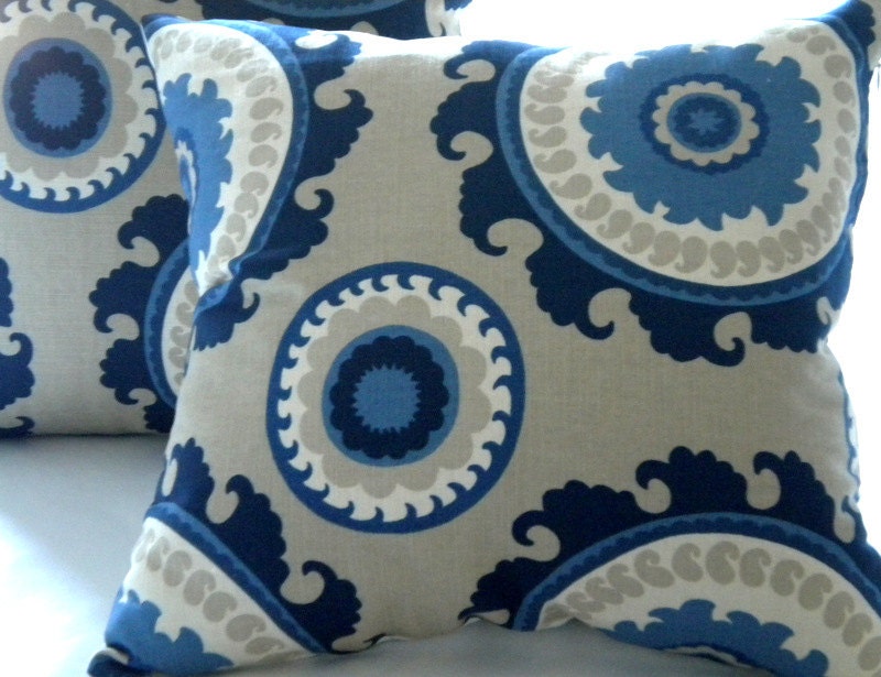 Pillow cover Navy Suzani Indigo Blue Cream Taupe 16 x 16 - MicaBlue