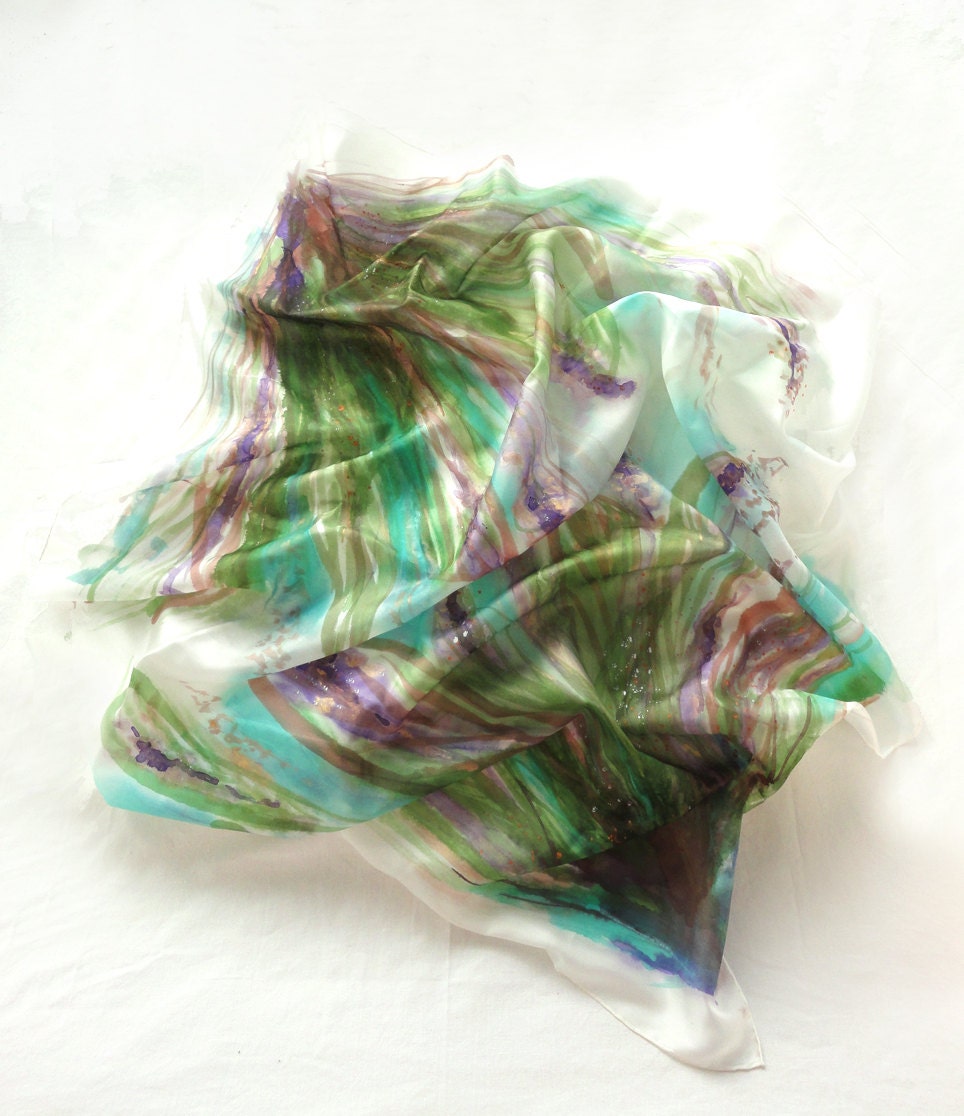 Handmade Silk Scarf. Hand Painted square Silk Scarf. Green, Purple, Blue Shawl. Multicolor Colorful Scarves. 35x35in. (90x90cm). Ready2Ship.