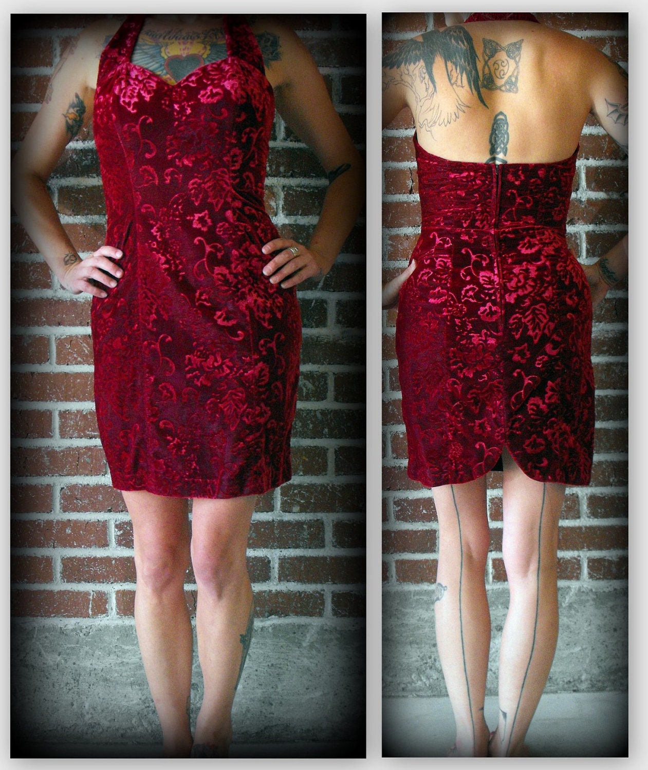 Vintage 90's Red Velvet Foral Halter Babydoll Grunge Revival Dress Medium