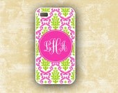 Cute iPhone case - Hot pink and lime green damask - personalized Iphone 5 case, Iphone 4 case, plastic or silicone case monogrammed (9767)