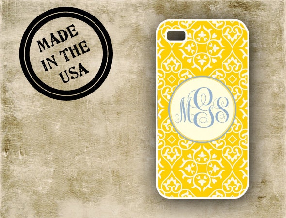 iPhone 4 case, Personalized Iphone 5 case - Bright yellow blue geometric monogrammed Iphone case, iPhone plastic case or silicone (9913)