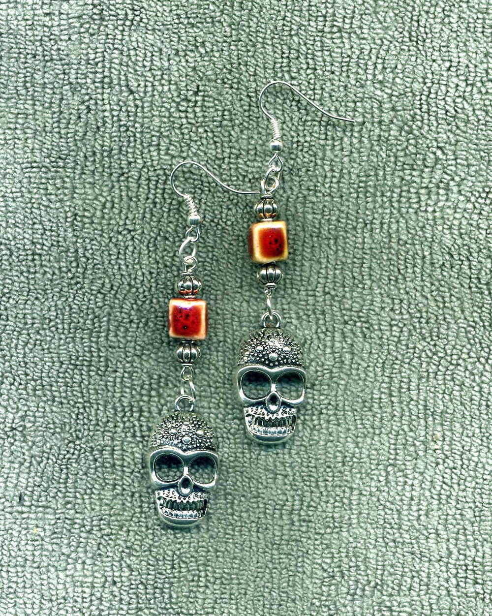 Sugar Skull Rust Bead Earrings, Handmade, Day of the Dead
