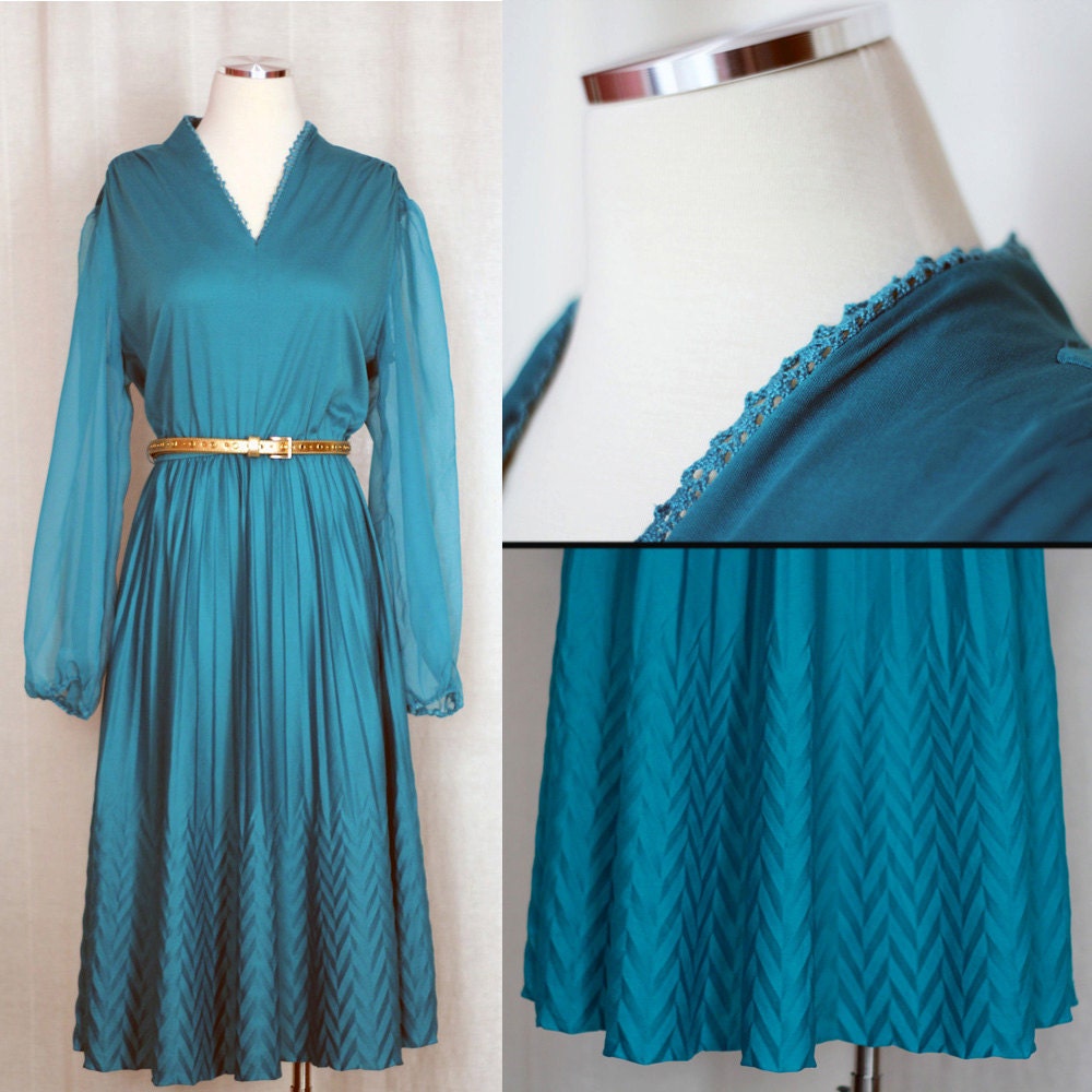 Vintage 1970s Teal Dress - Sheer Sleeves - Geometric Pleating - Size Medium