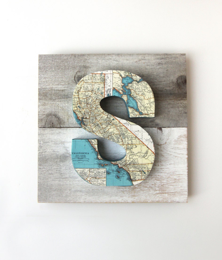 Vintage Map Letter S Monogram on Reclaimed Wood.
