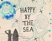 Happy by the Sea - ink, watercolour & collage illustration print on archival paper