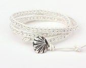 Beach Bride Jewelry Shell Beaded Leather Bracelet, White Leather, Fine Silver Button, Czech Glass, Boho, Beach Wedding, Eco Friendly, Rustic