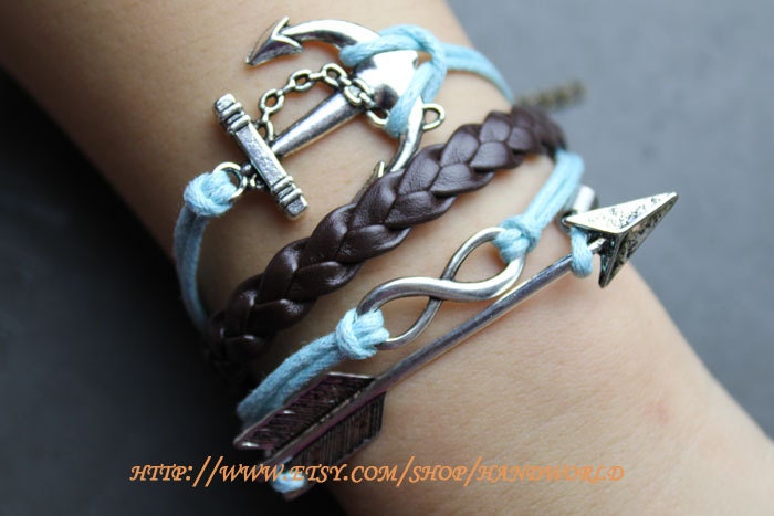 silvery anchor bracelet infinity karma bracelet  silvery arrow bracelet brown leather bracelet unique bracelet  individuality