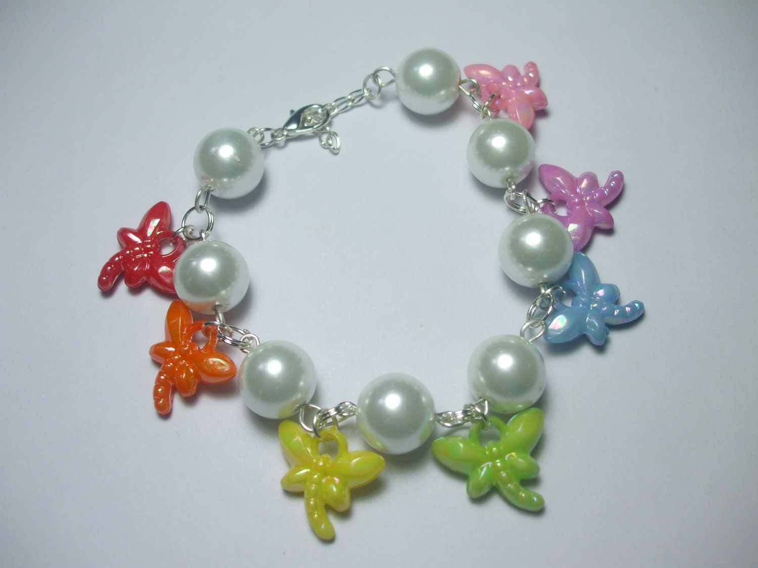 Beautiful Rainbow Butterfly Pearl Charm Bracelet