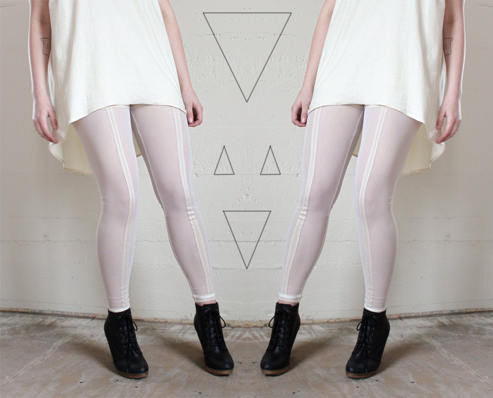 Crystal white leggings - geometric minimal sheer mesh leggings, simple minimalist fashion modern - medium