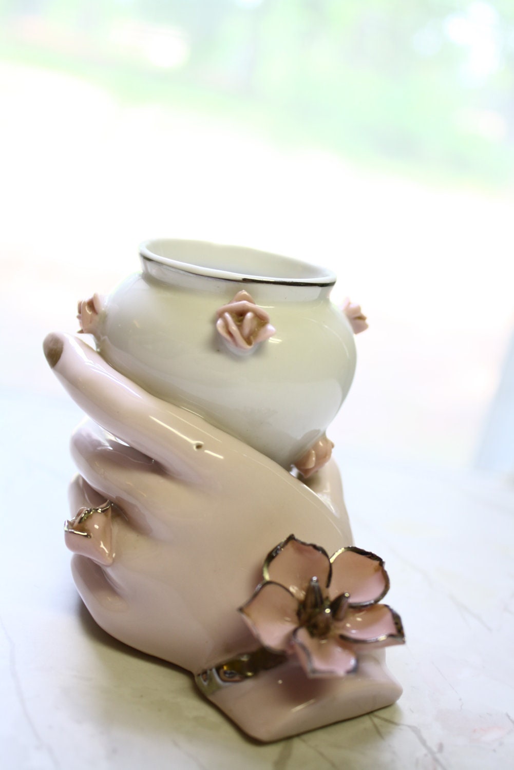 Ucagco Ceramics Japan Pink Hand Holding Vase Gold by jeffloe