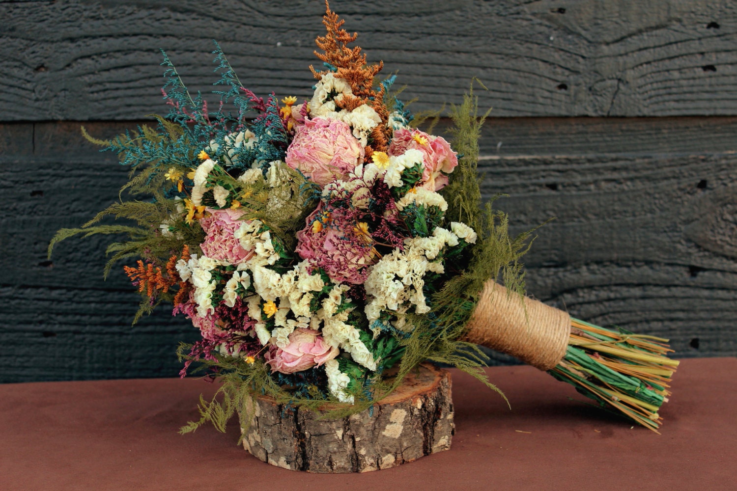 Rustic Chic Wedding Bouquet, Bridal Bouquet, Country Chic, Dried Flower Bouquet, Pink Peony Bouquet with Wild Flowers