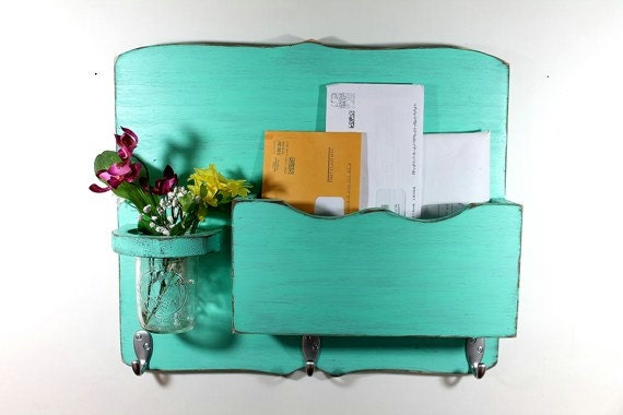 Large Mail Organizer, shabby chic, floral vase, mail holder, key hooks, mail holder, wood, distressed, vintage, home decor,painted Aqua Blue