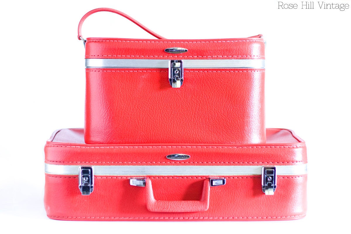 Cherry Red Feather Lite Luggage Set - Train Case and Suitcase - 1960s