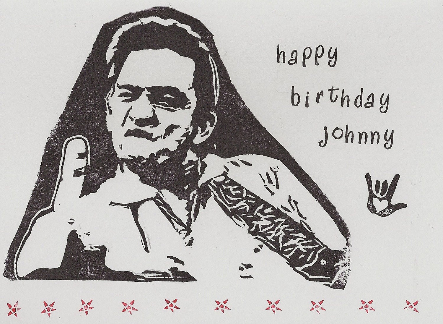 Johnny Cash Happy Birthday handstamped greeting by awkwardmoment