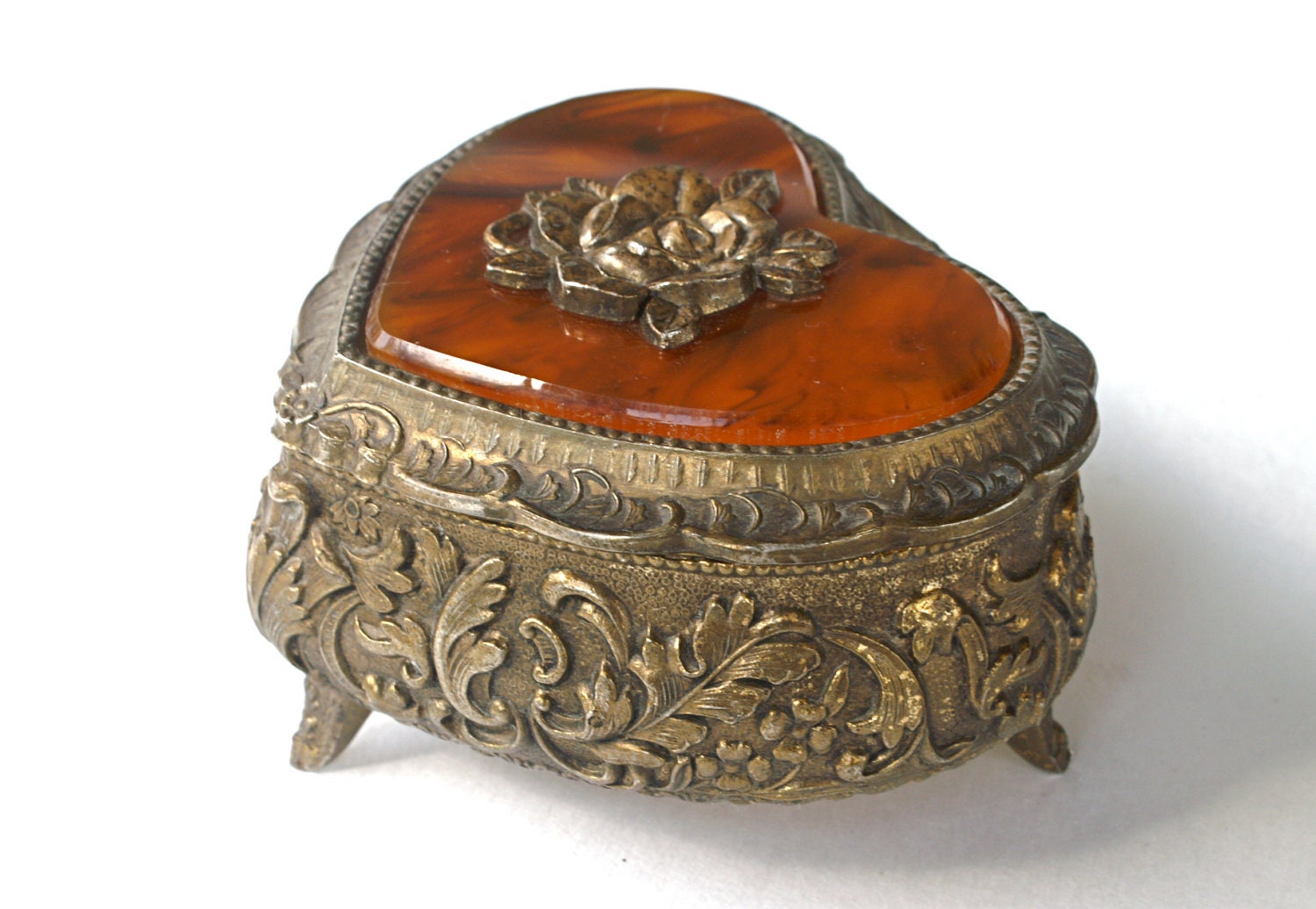 Vintage Heart Shaped Brass Tone Metal Jewelry Box Faux Tortoise Shell and Rose