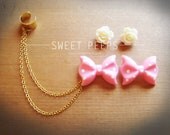 Pink Polka Dot & White Rose Flower EarCuff Gold Chainmaille