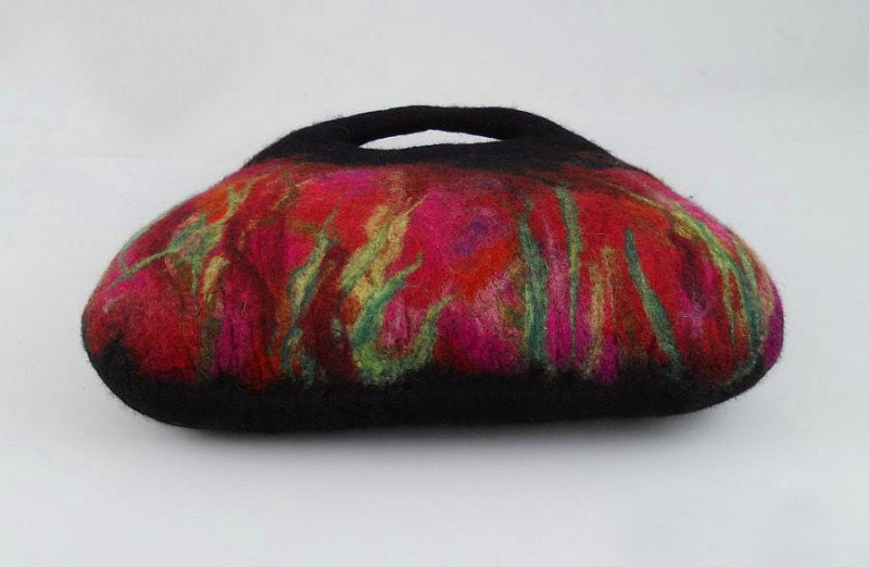 Black Felted Bag Felt Handbag Artistic Purse Red Nunofelt Bag Ruby Nuno felt Handbag fairy multicolor floral fantasy Fiber Art boho
