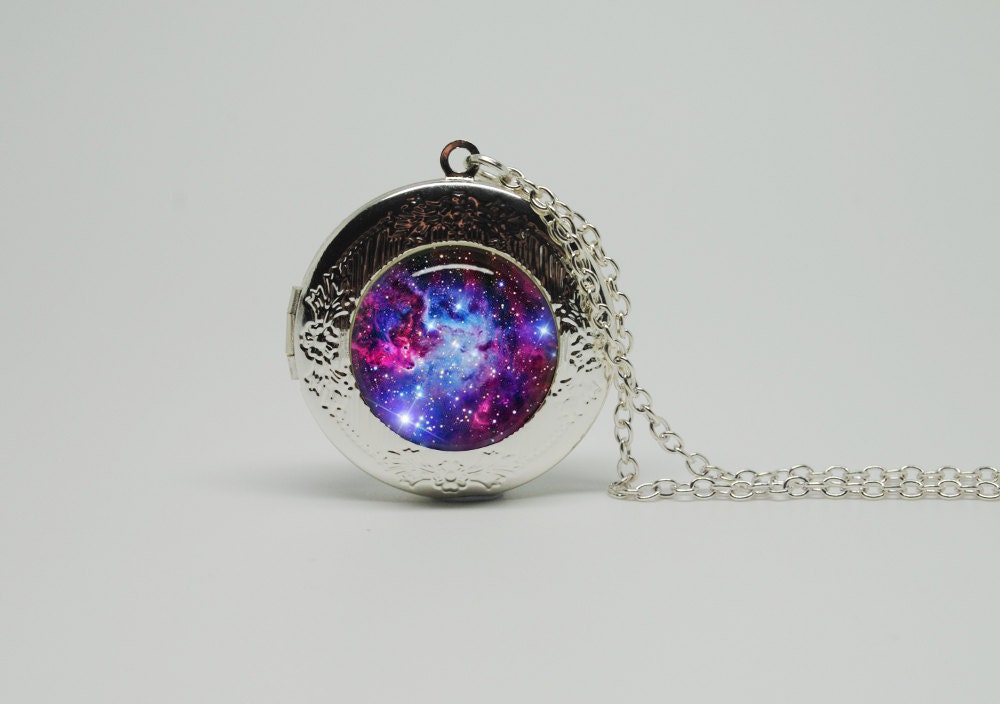 Silver Glass Locket Necklace with Inspired New Galaxy