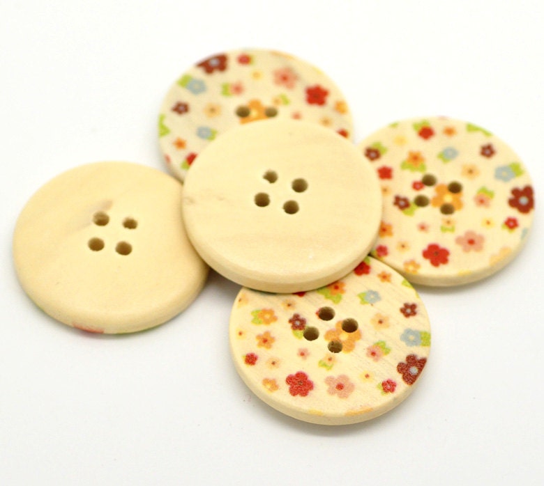 20 Floral (Design 11) Painted Wood Button Four Hole Natural Wood Colour 30mm - 20 Pack