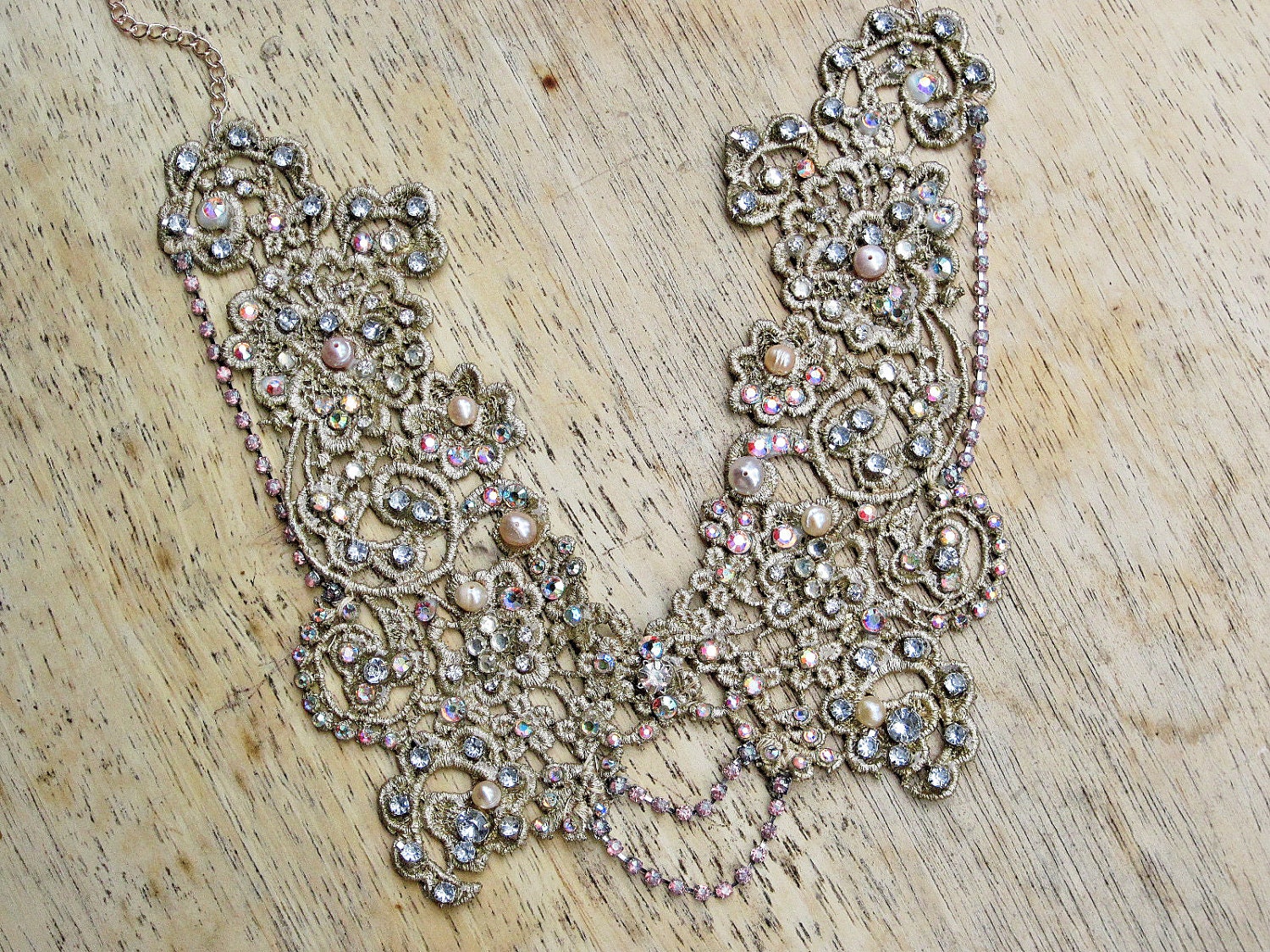 EXAMPLE - Collar necklace - swarovski embelleshed lace collar, statement necklace, bridal necklace, freshwater pearls