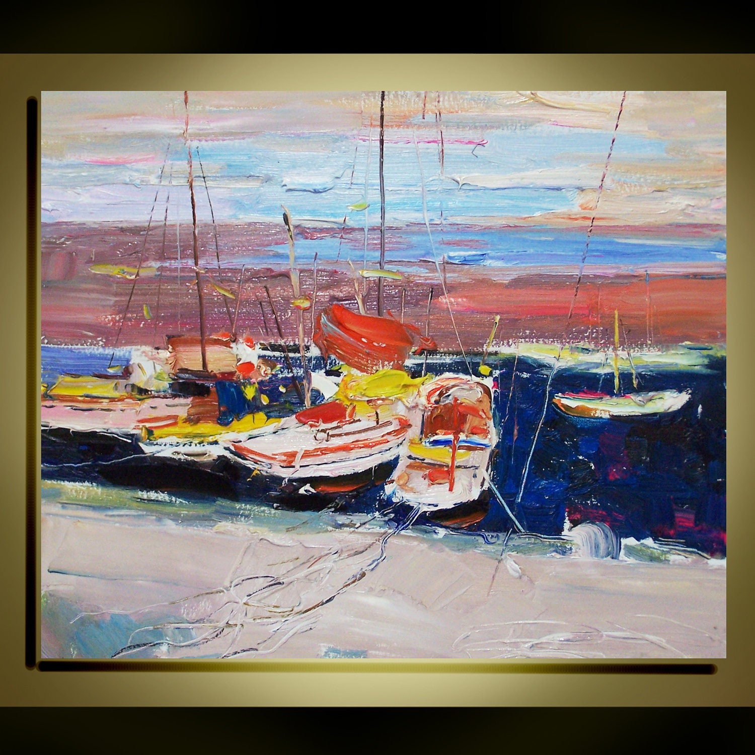 Original  Oil Painting Modern Palette Knife landscape  Fine art on Canvas  Seaside  Ready to Hang by Qujun 20" by 24"