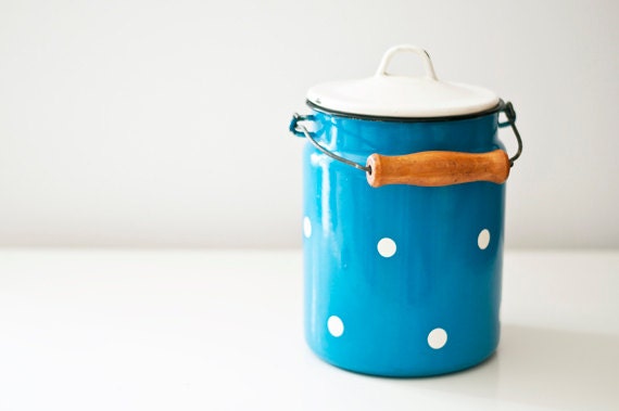 Vintage Enamel Milk Can - blue polka dot