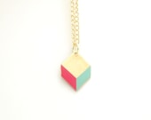 Minimalist Geometric 3d Square Chevron Necklace - Seafoam Mint Green And Coral Pink Hand Dyed Modern Brass Jewelry  - Gold Plated Chain