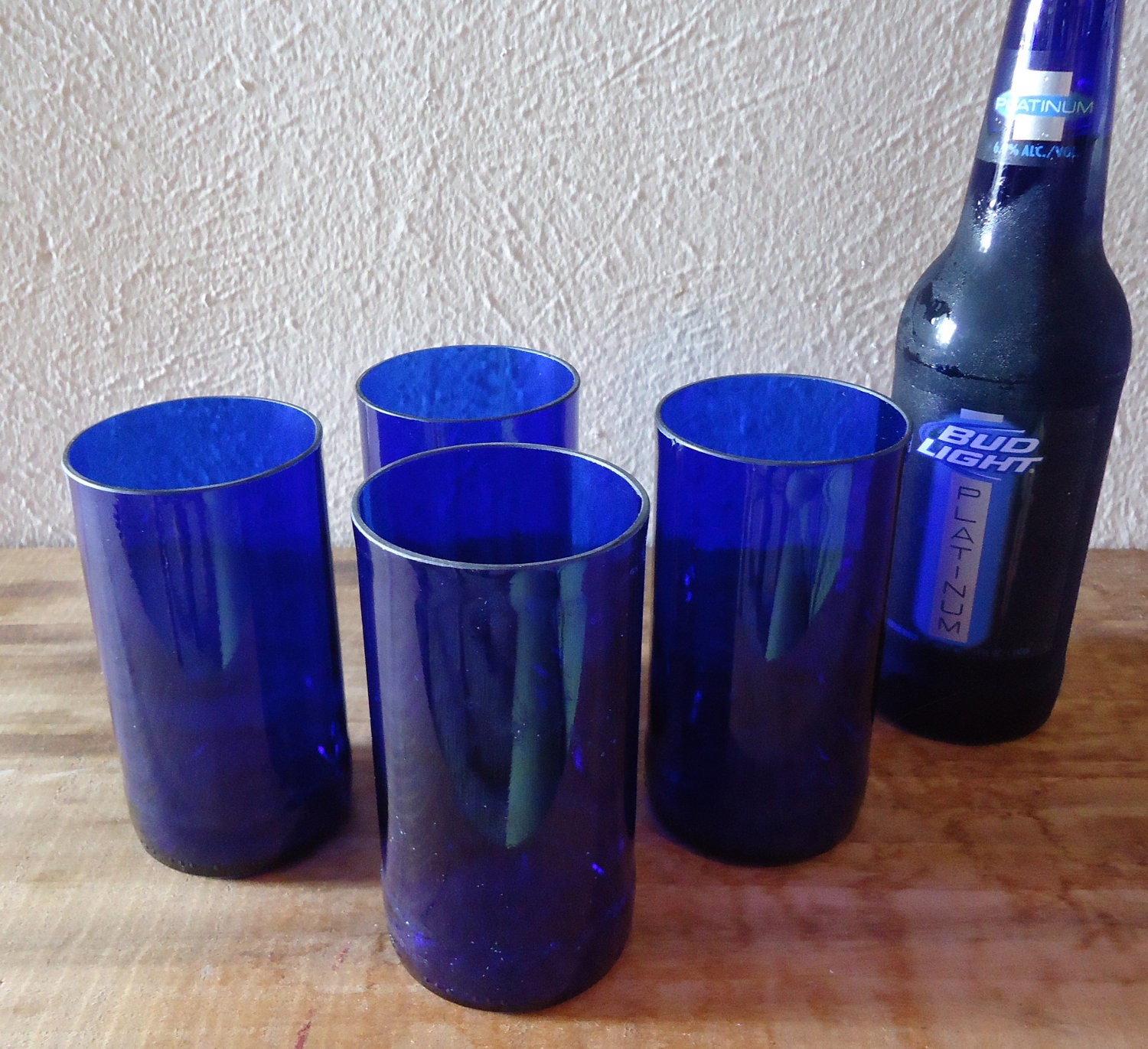Beer Bottle Glasses made from Cobalt Blue Budweiser Platinum Beer Bottles Set of 4