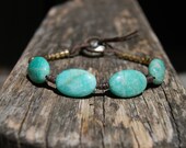 Turquoise Amazonite Leather Bracelet with Brass Beads & Thistle Vintage Button - Stackable, Boho, Rustic, Knotted, Macrame