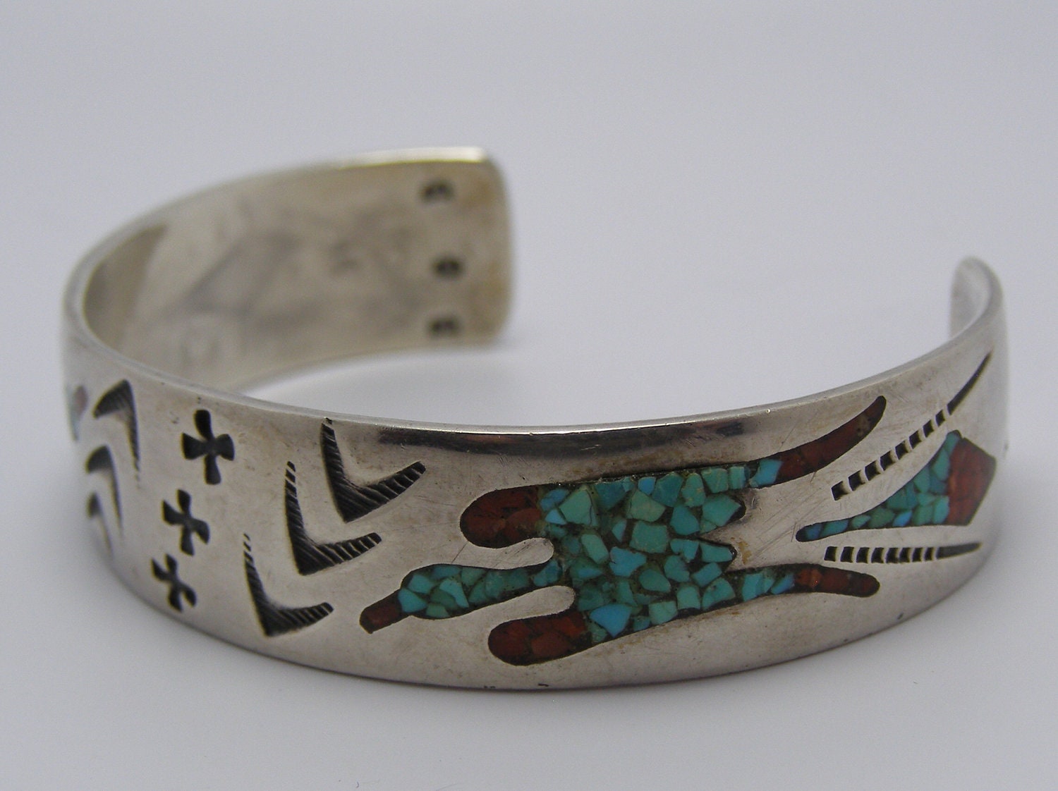 Vintage Thunderbird Native American Indian Peyote Bird Navajo Zuni Design Sterling Silver Cuff Bracelet Turquoise and Red Coral
