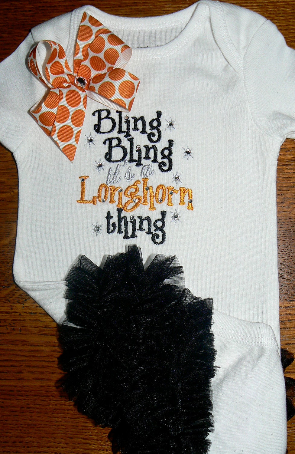 Bling Bling It's a Longhorn Thing Ruffle Butt Embroidery Onesie