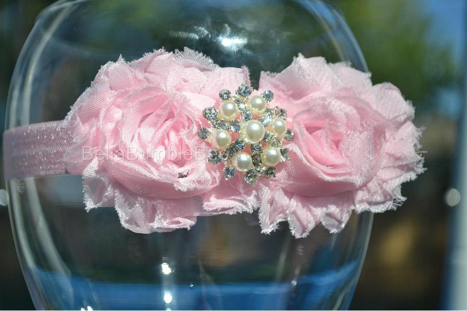 Light Pink Baby Girl Headband Shabby Chic Flower Headbands, Baby Bows, Fits Newborn, Infant or Toddler, Vintage Style, Pearl Center
