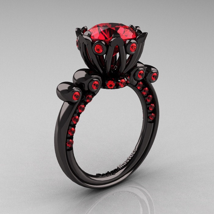 French Antique 14K Black Gold 3.0 Carat Rubies Diamond Solitaire Wedding Ring Y235-14KBGR