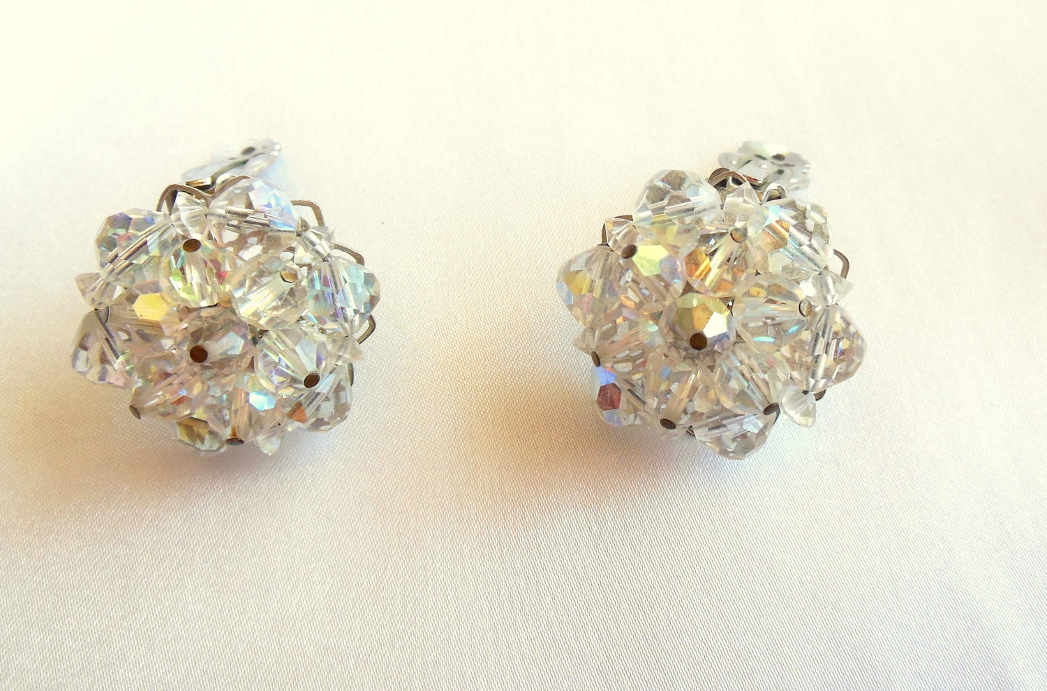 Vintage Earrings Clear Crystal Rhinestone Clusters Clip On Style