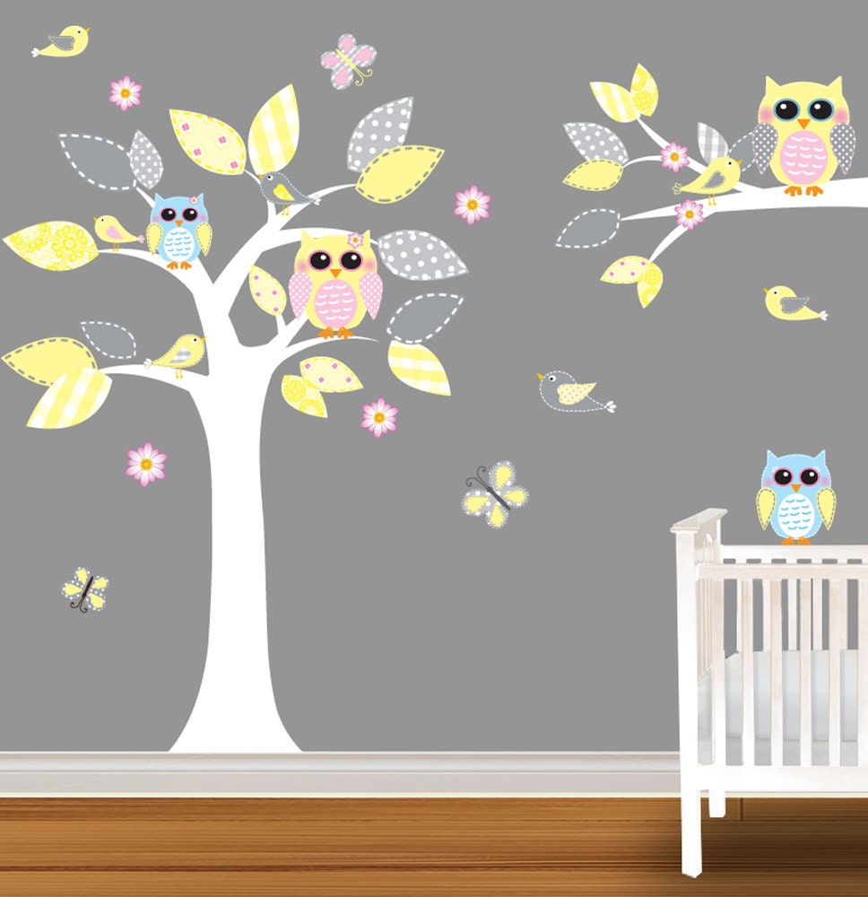 Children Wall Decal Yellow Nursery Vinyl Wall Stickers Flowers Owls Tree Butterflies