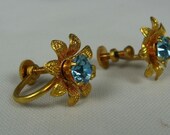 Vintage Blue Paste Rhinestone Flower Earrings Screw Back