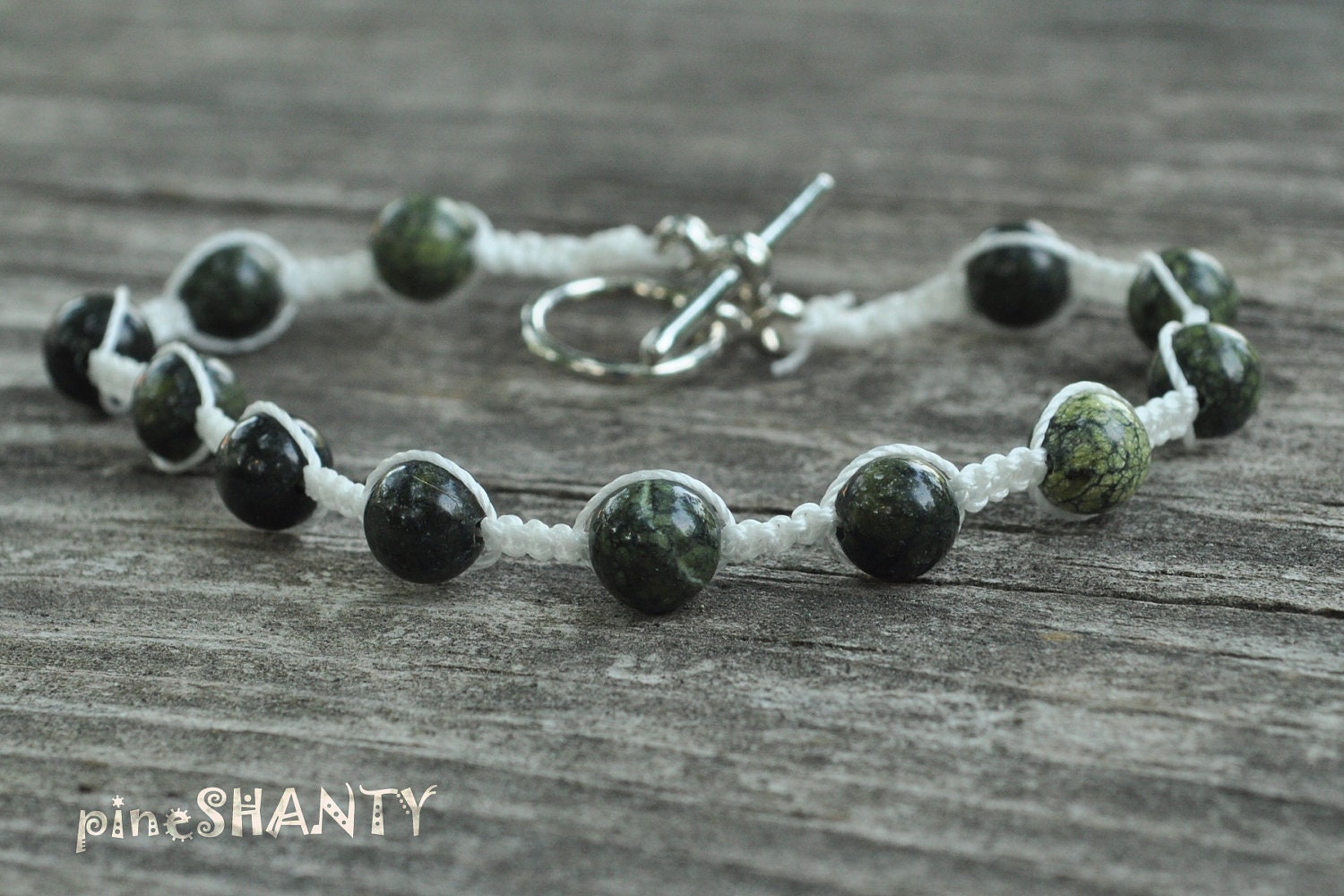 Serpentine Gemstone Beaded - Nylon Cord - Hand Knotted - Macrame - Fiber Bracelet - White - Green - Natural - Woodland - Shambala Healing