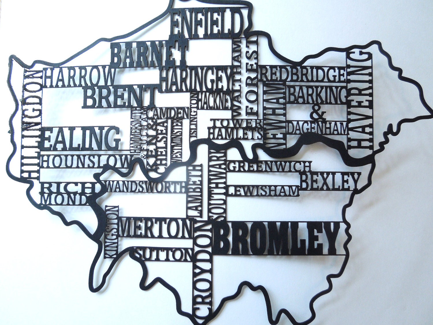 NEW 'London Boroughs' Laser Cut Silhouette Map - A4 - BLACK - Wall Art Typography - Olympics 2012, England, City, River Thames, UK
