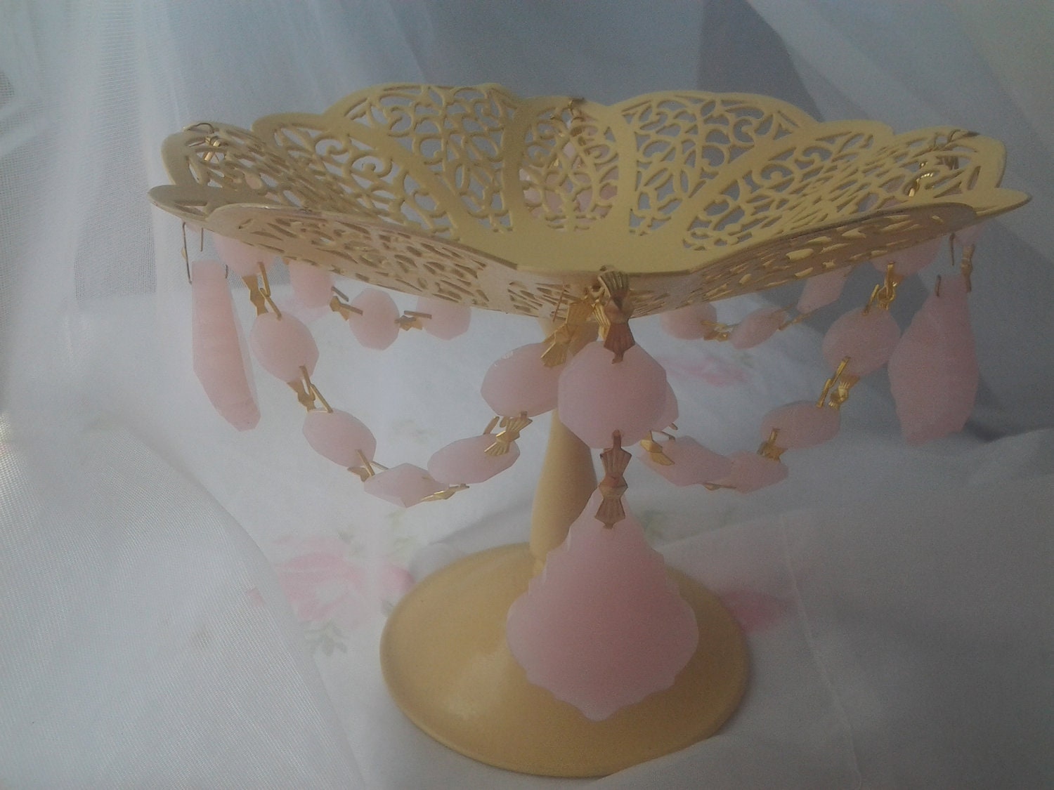 SALE 30% OFF Shabby Chic Candy Dish Filigree Bowl Yellow w Opaque Pink Chandelier Crystal Prisms Cottage Style